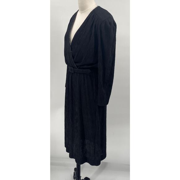 Vintage 70s 80s Rhinestone Neckline Pleated Faux Wrap Dress Belted Black - Picture 4 of 10